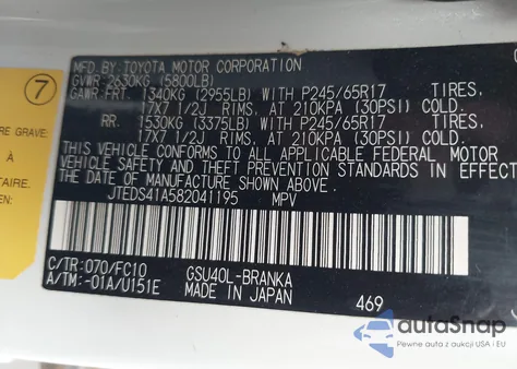 2008 Toyota Highlander из США, поврежденный, VIN JTEDS41A582041195